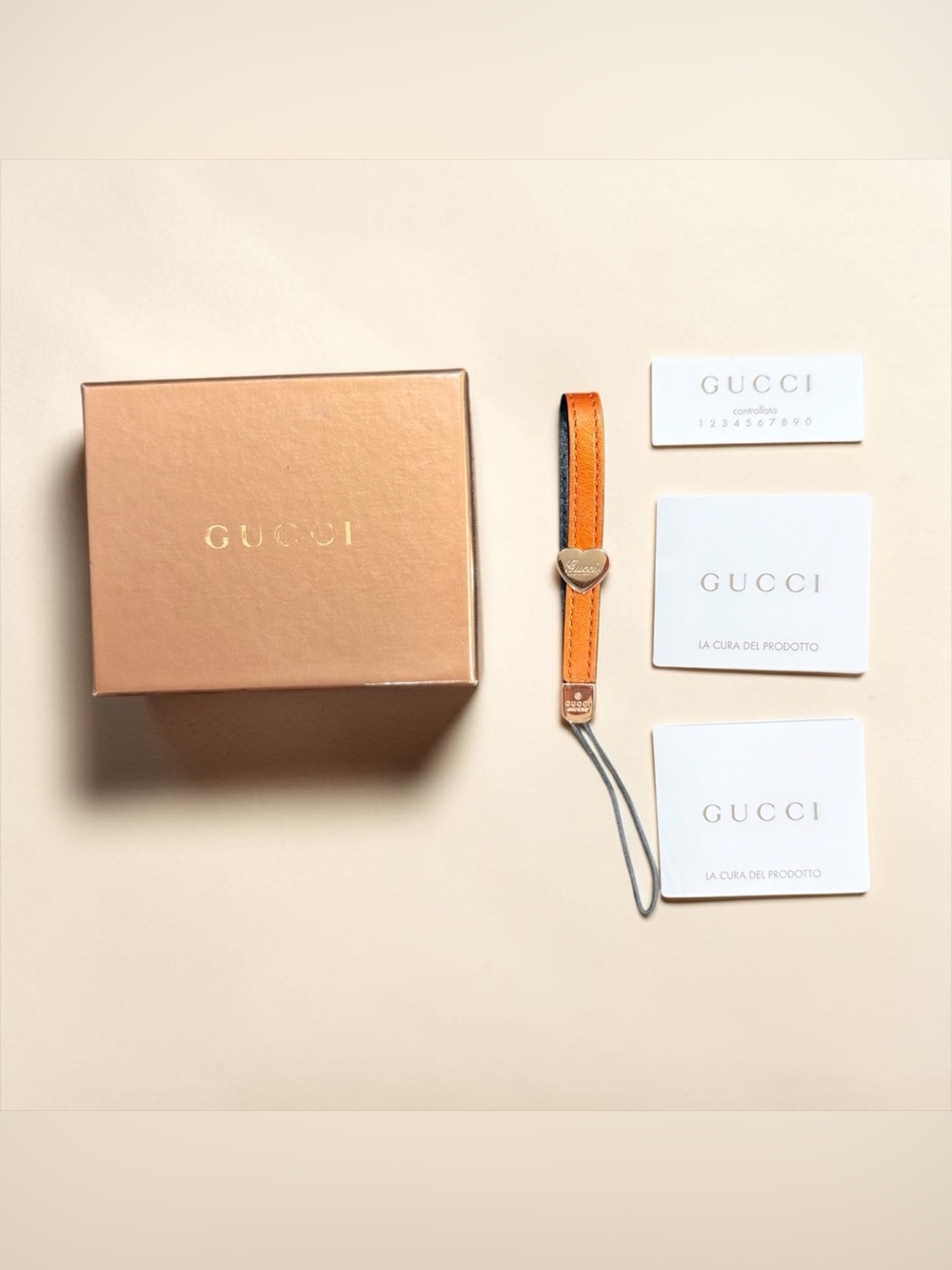 Gucci Lovely Heart Leather Cell Phone Strap Charm w/ Box & Papers